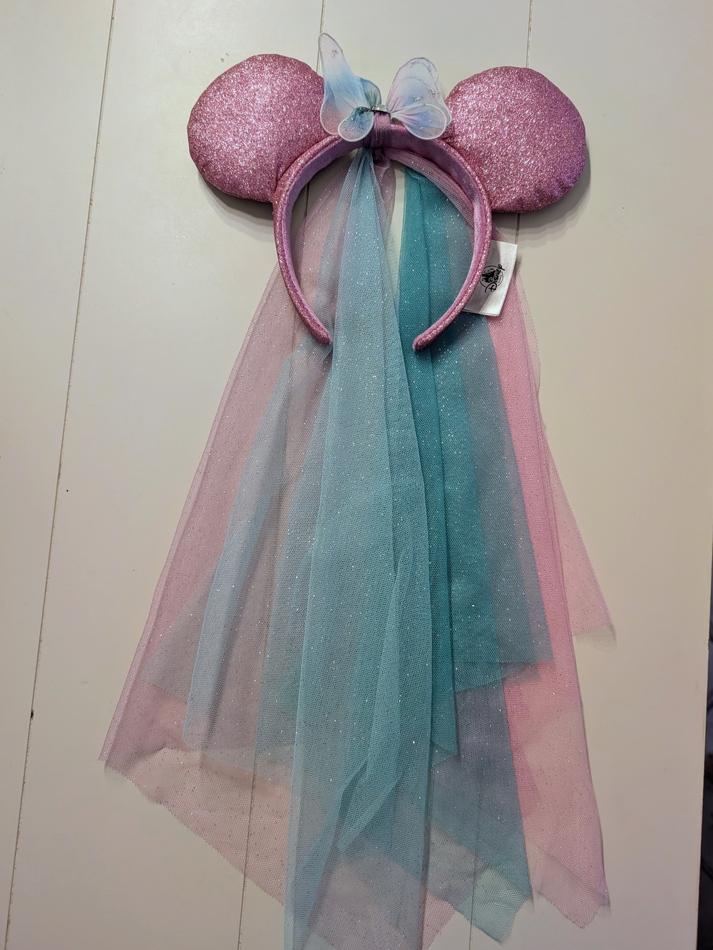 Disney Park Pink Glitter Headband with Teal and Lavender Tulle